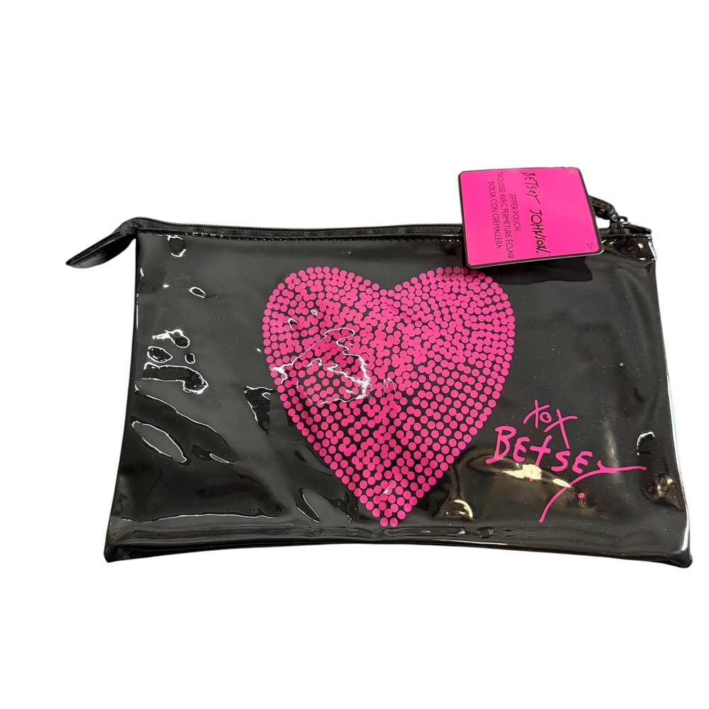 Betsey Johnson Black Pink Heart Zipper Pouch Cosmetic Makeup Travel Bag
